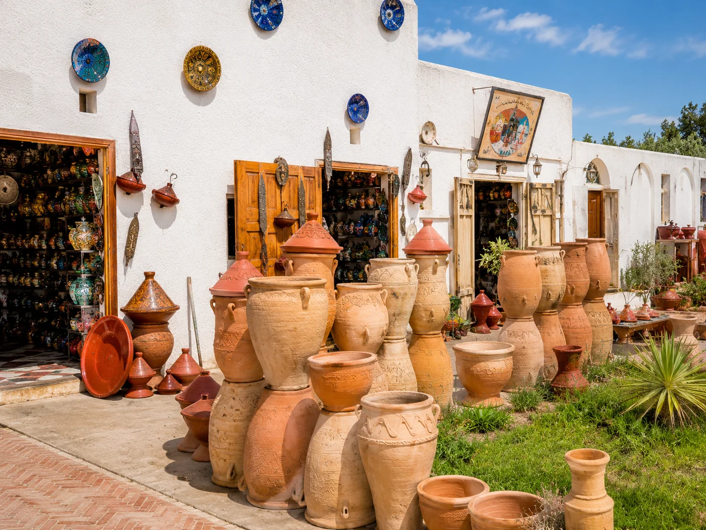 Moroccan craft objects, pottery and artisan details in a sunlit shop