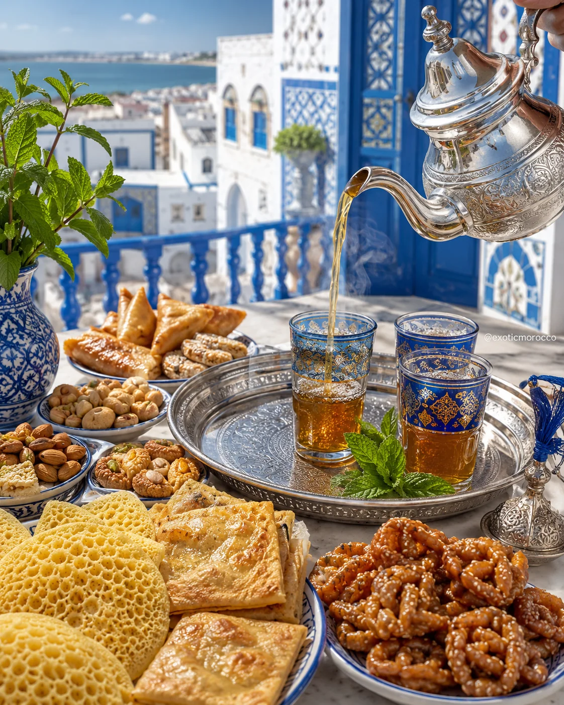 Moroccan tea, pastries and blue zellige table setting