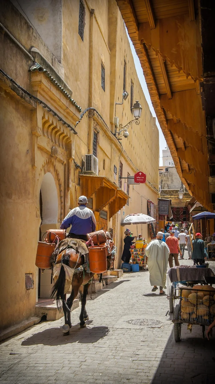 Narrow Moroccan medina street with warm red walls