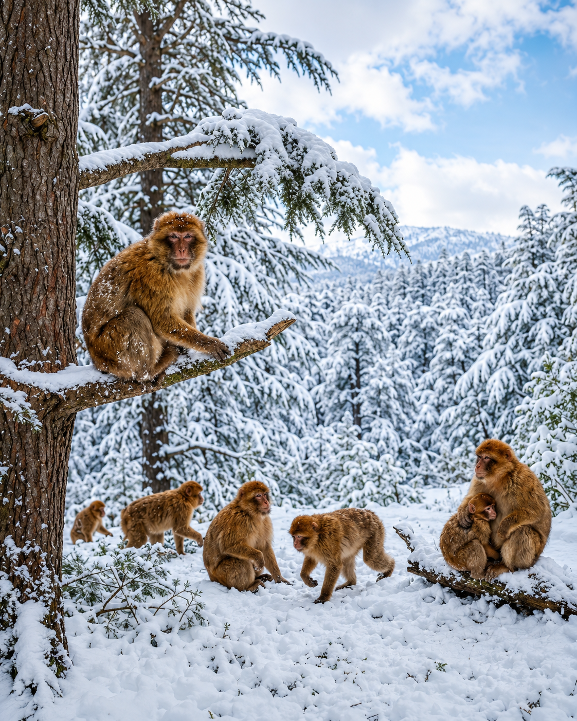 Azrou cedar forest monkeys in snow