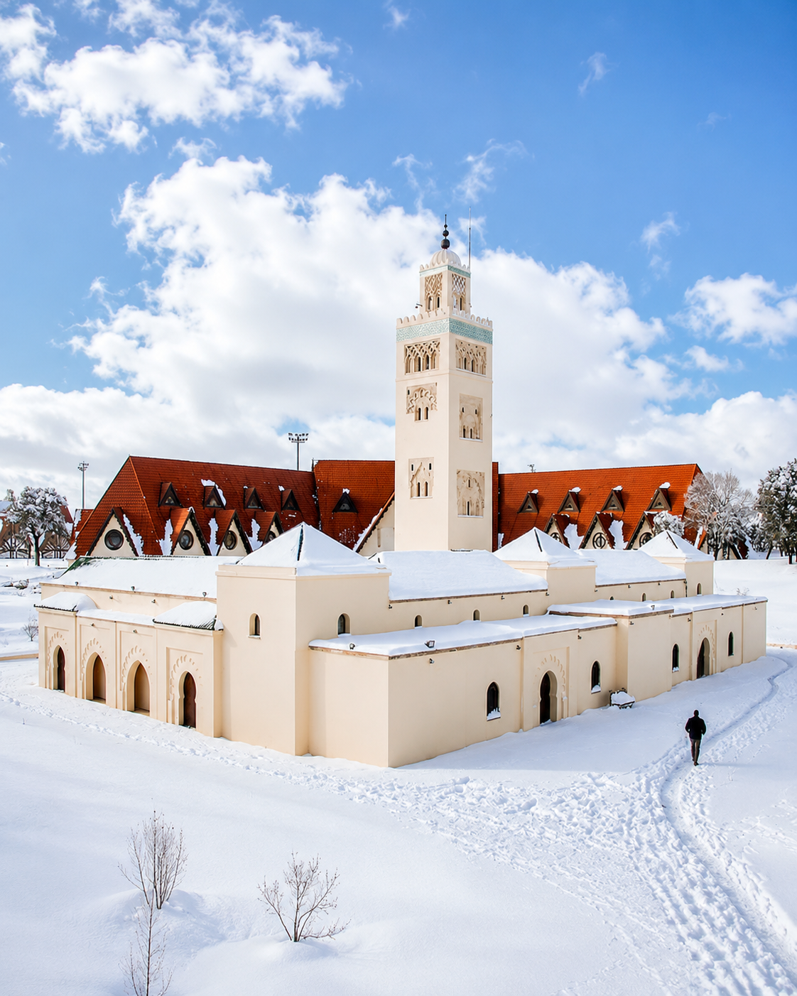 Ifrane mosque and snowy town scene