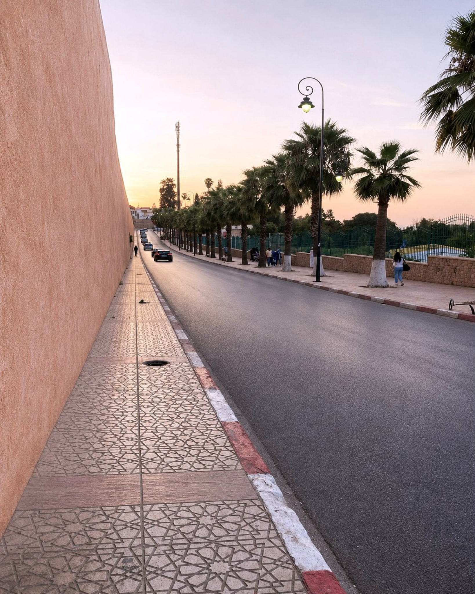 Meknès imperial wall road and palm-lined avenue
