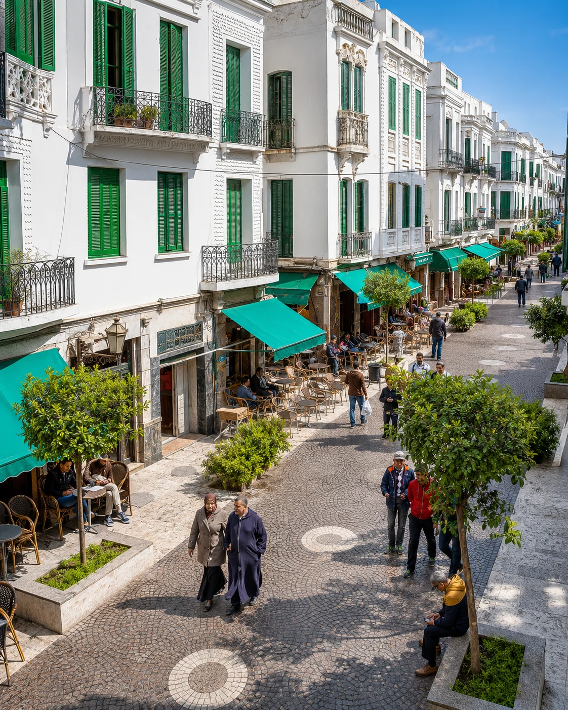 Mediterranean Morocco — elegant white street with green shutters and cafés