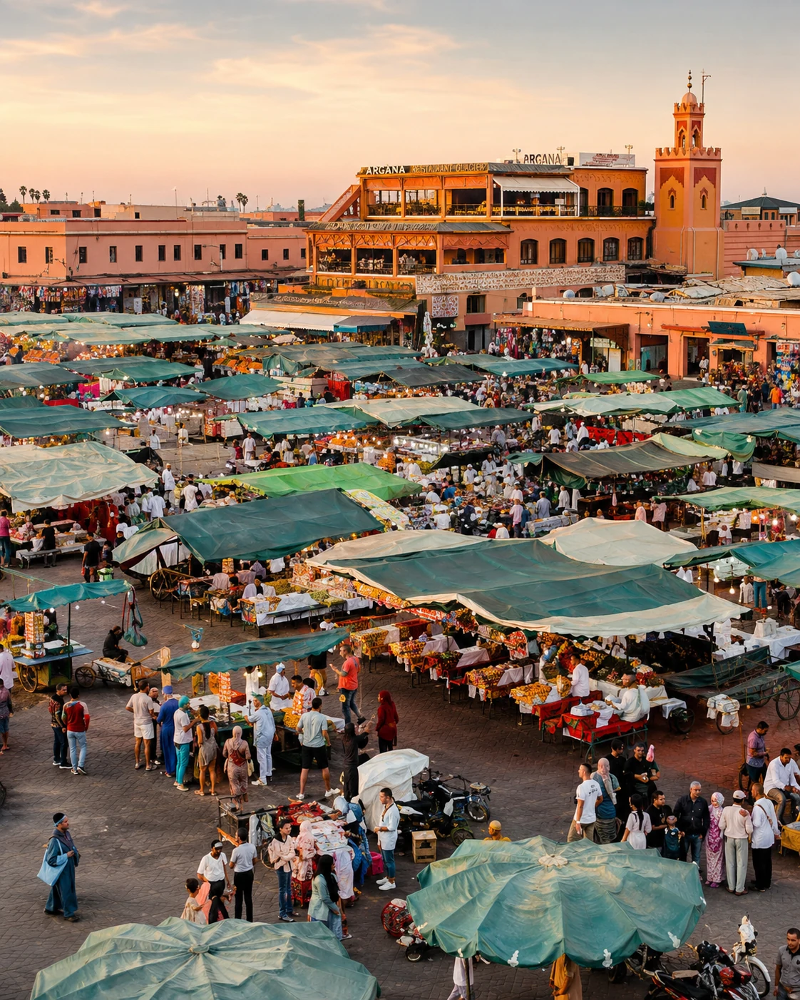 Marrakech imperial city image — Jemaa el-Fna market square at golden hour