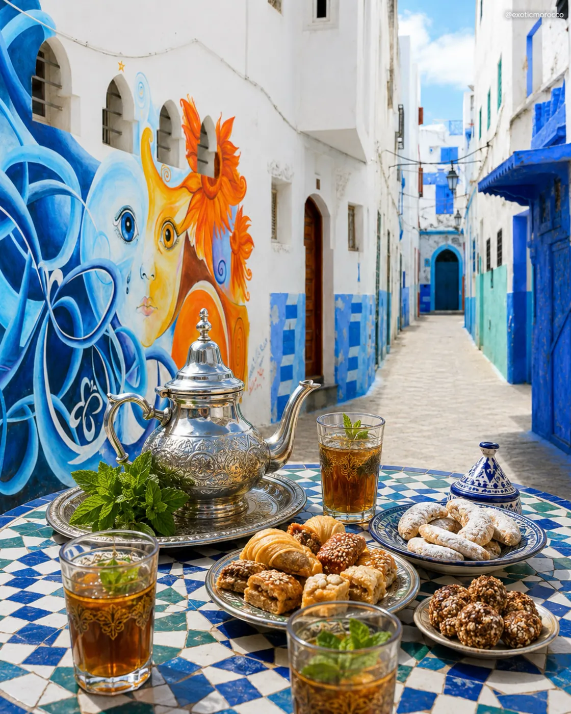 Moroccan tea and sweets in an Asilah medina setting