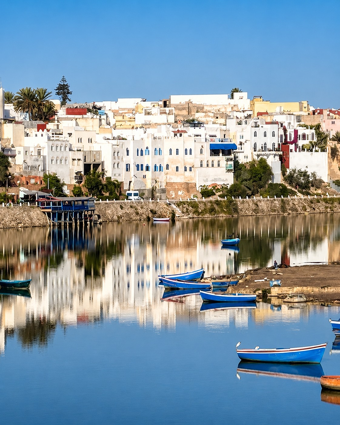 Azemmour riverfront medina reflected in the Oum Er-Rbia