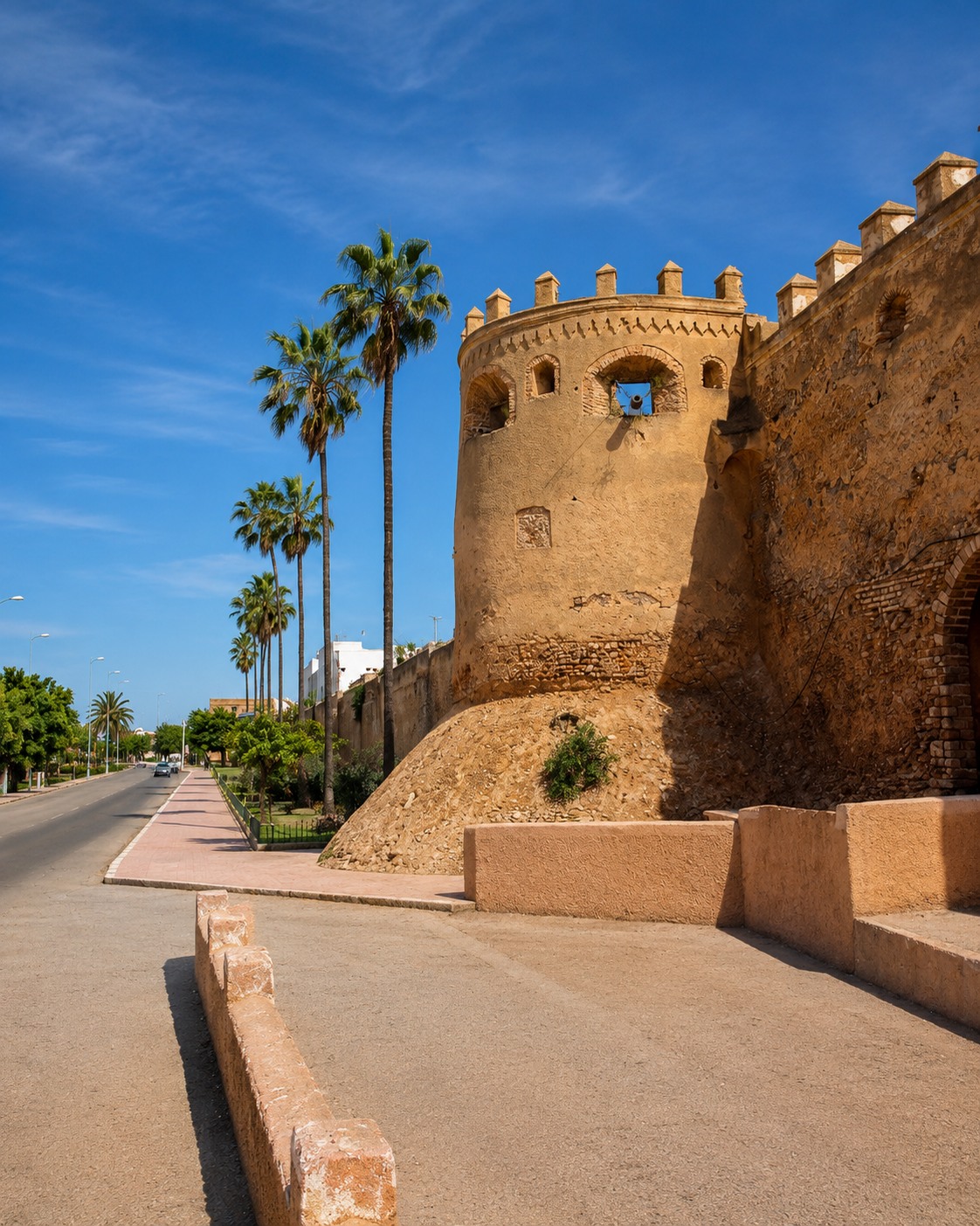 Azemmour ramparts and round bastion with palms