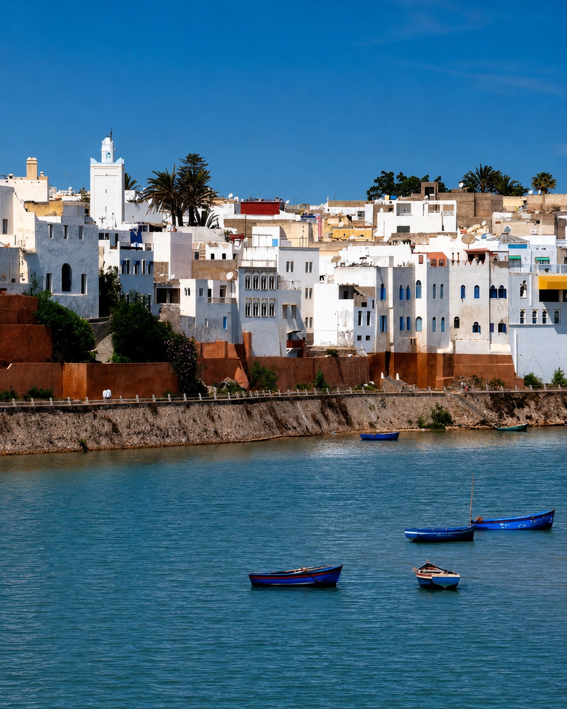 Azemmour riverfront with boats below the old medina