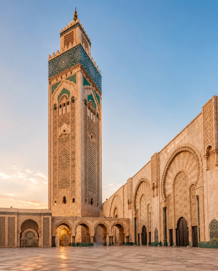 Hassan II Mosque and its Atlantic esplanade in warm late light
