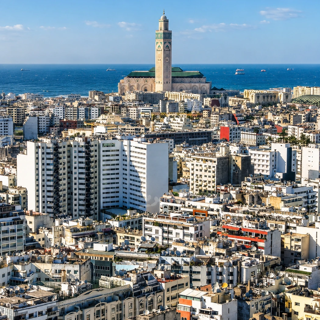 Casablanca skyline and Atlantic edge centred on Hassan II Mosque