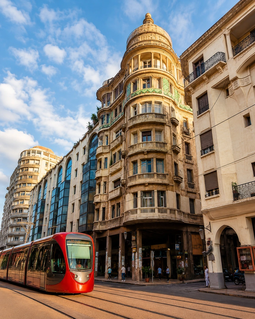 Downtown Casablanca with a red tram and layered Art Deco architecture