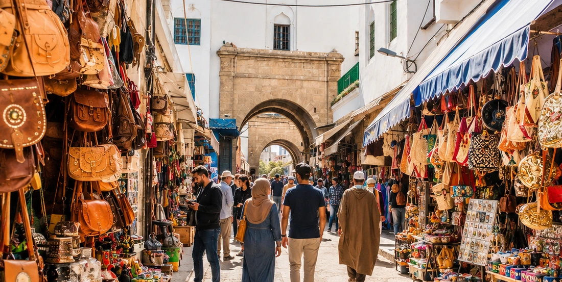 Market street under a stone arch suggesting medina and Habous street life