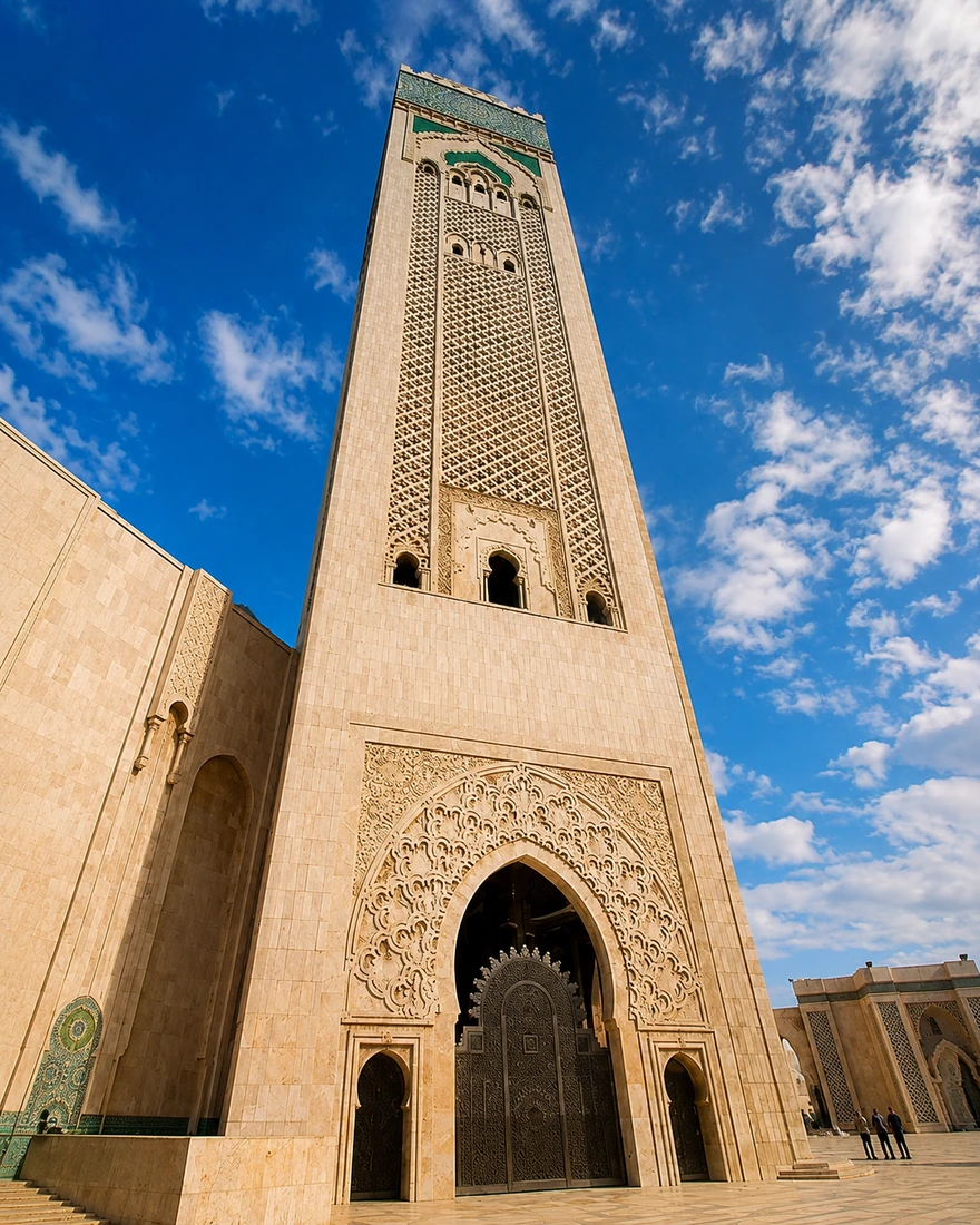 The minaret and carved façade of Hassan II Mosque against a bright blue sky