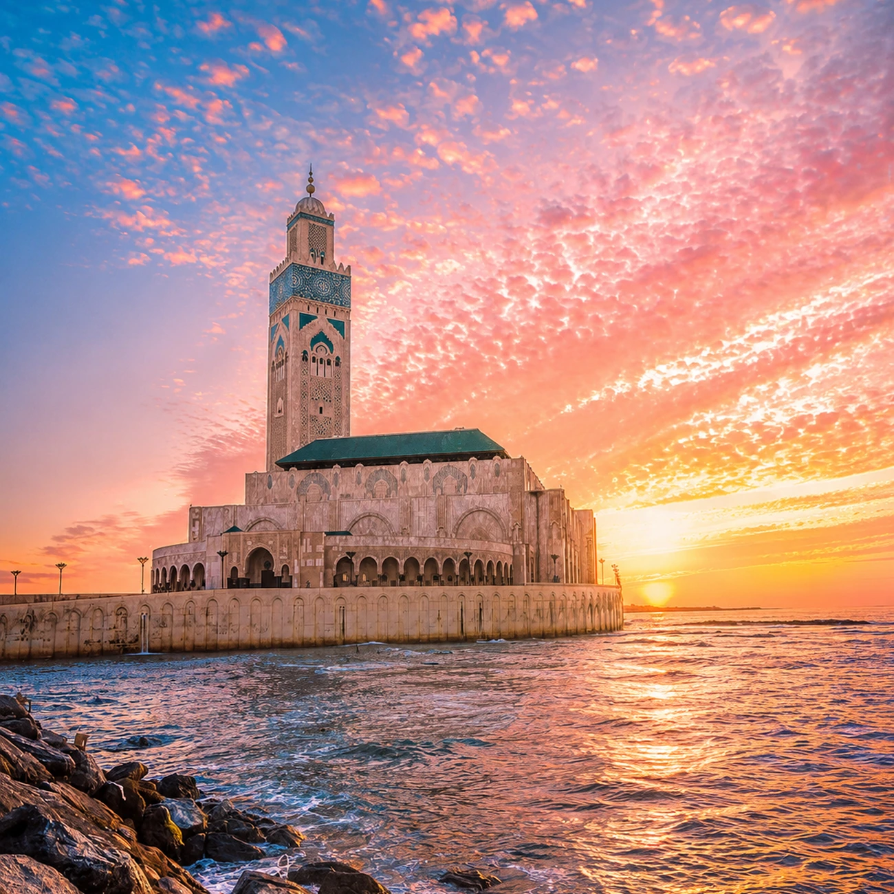 Hassan II Mosque on the Atlantic shore at sunset, a strong first image of Casablanca