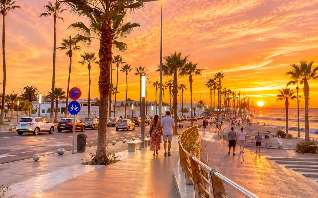 Palm-lined Corniche promenade glowing at sunset in Casablanca