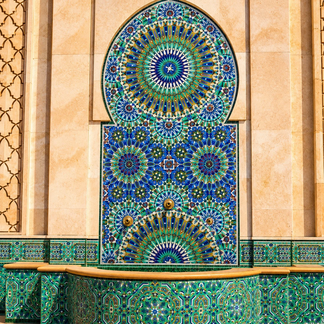 Zellige fountain detail in a neo-Moroccan courtyard setting