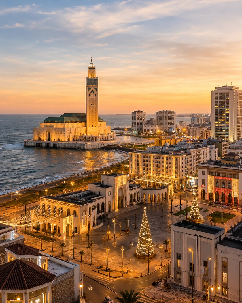 Casablanca waterfront and Hassan II Mosque at sunset