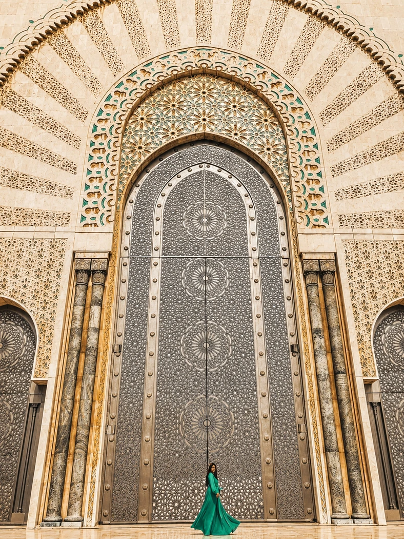 Monumental carved doorway detail at Hassan II Mosque
