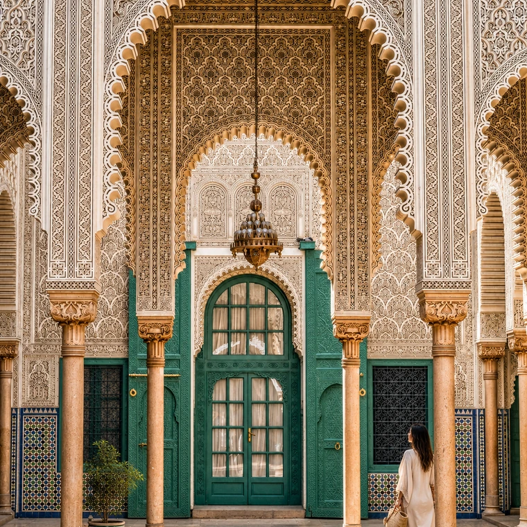 Neo-Moroccan doorway and carved detail in the Habous spirit