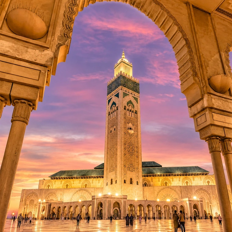 Hassan II Mosque at golden hour framed by monumental arches