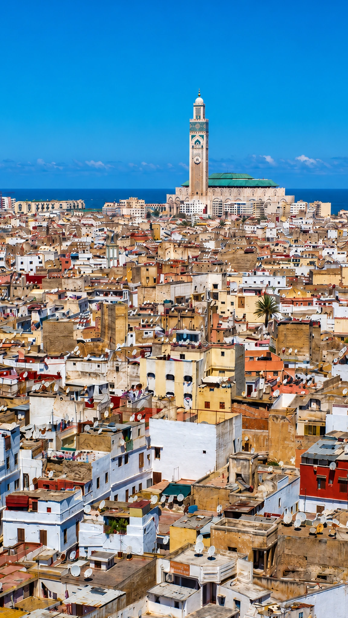 Dense Casablanca rooftops with Hassan II Mosque and the Atlantic horizon beyond
