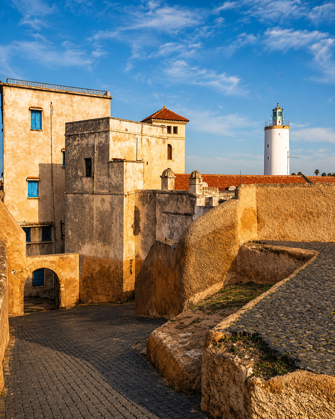 Ramparts inside the Portuguese City of Mazagan with white tower