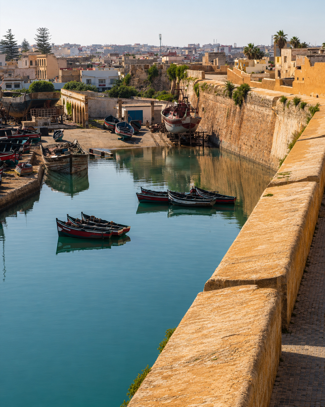 Harbour basin and boats beside the old walls of El Jadida