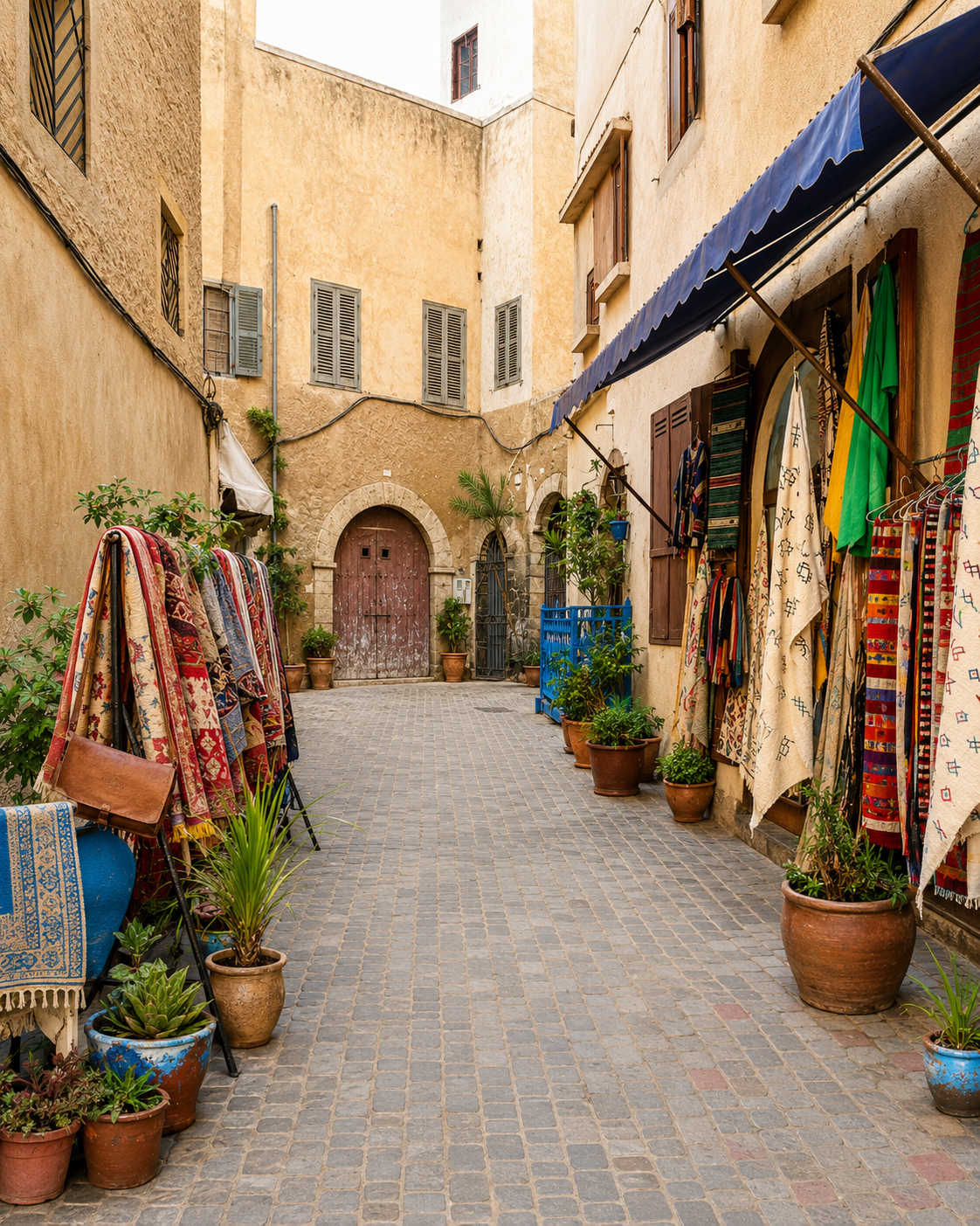 Textile-lined lane inside the old city of El Jadida