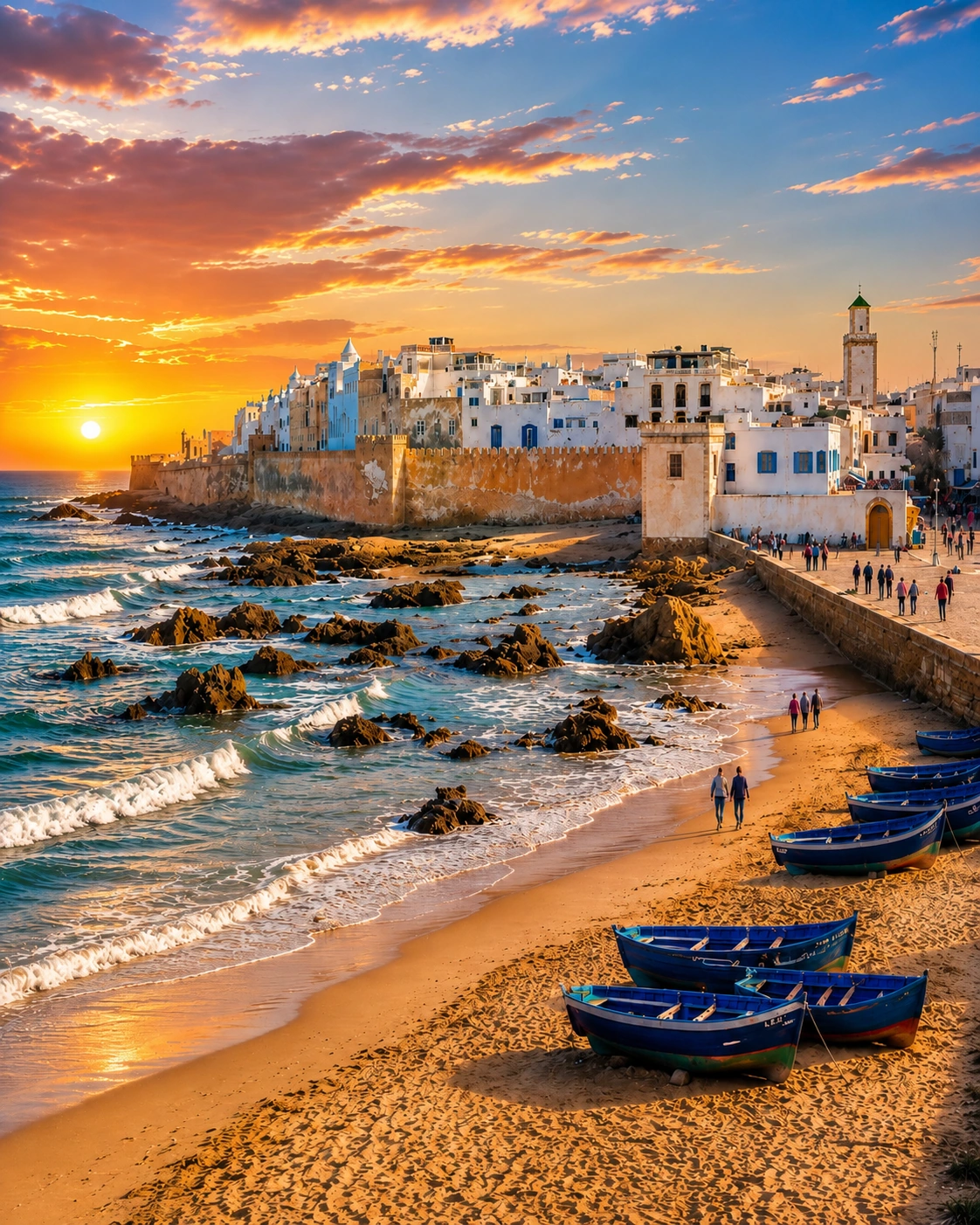 Essaouira ramparts and Atlantic shoreline at sunset