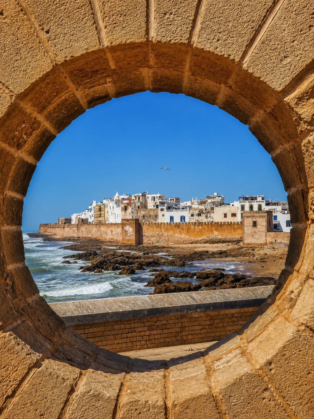 Coastal view framed by stone near Essaouira and Diabat