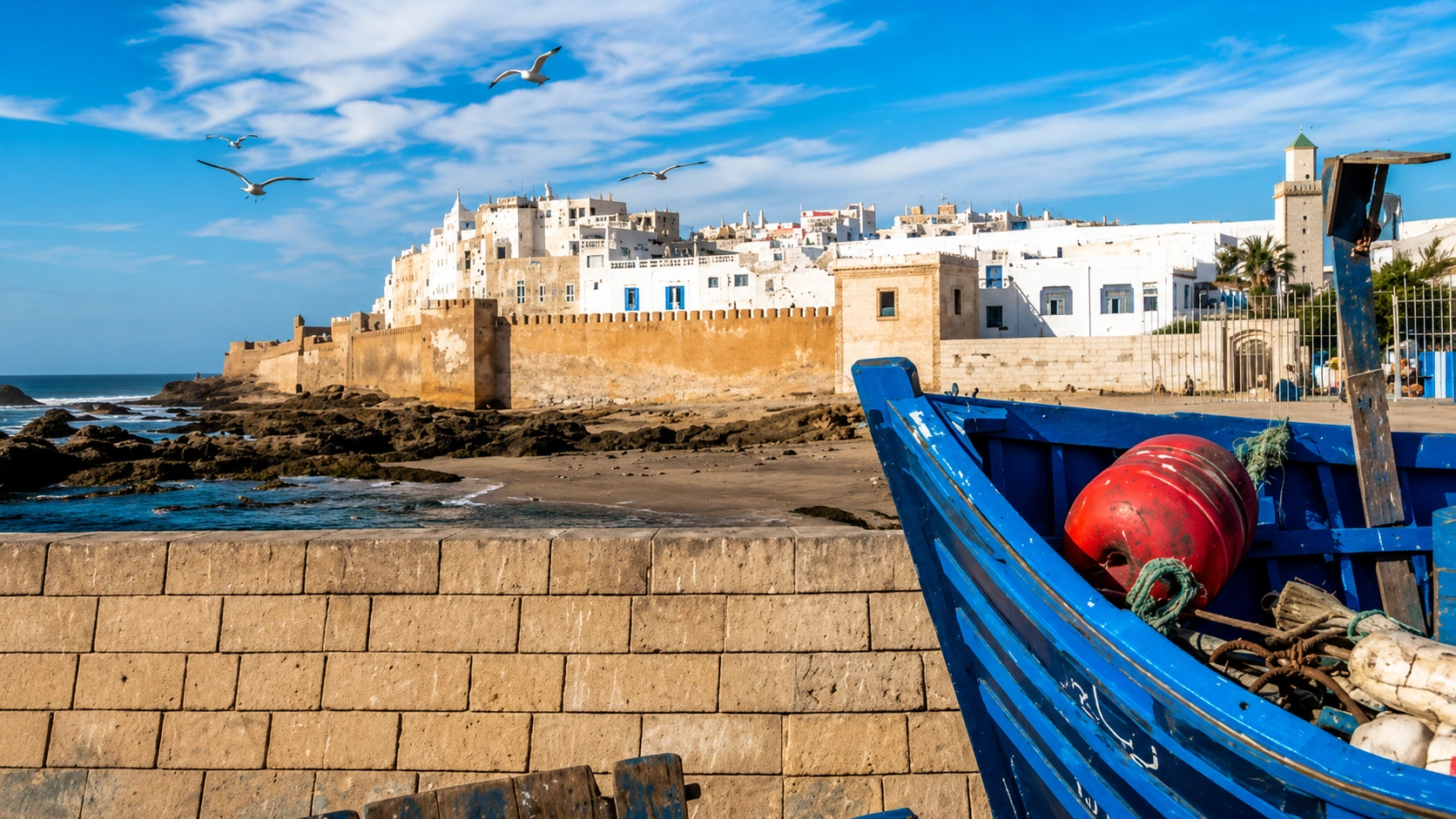 Essaouira harbour walls, white medina buildings and a blue fishing boat