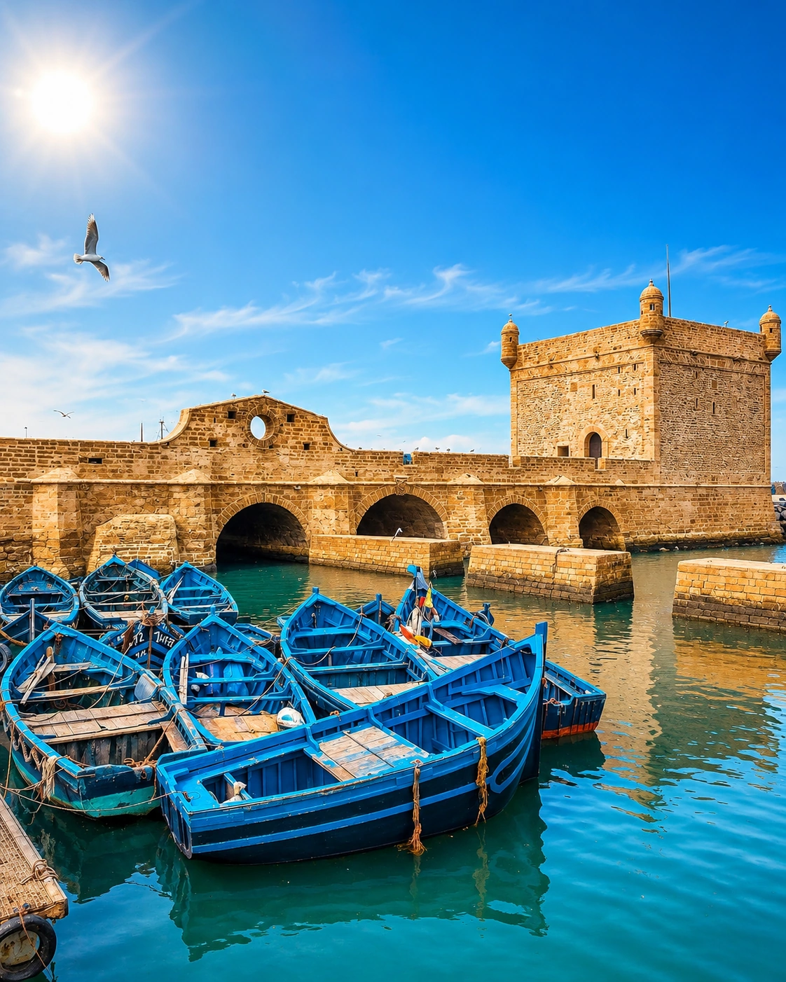 Blue fishing boats and the fortified harbour of Essaouira
