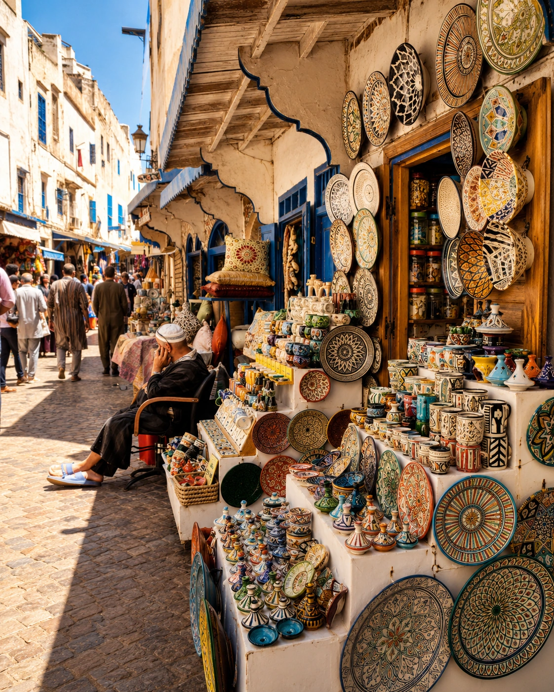 Craft displays along a medina street in Essaouira