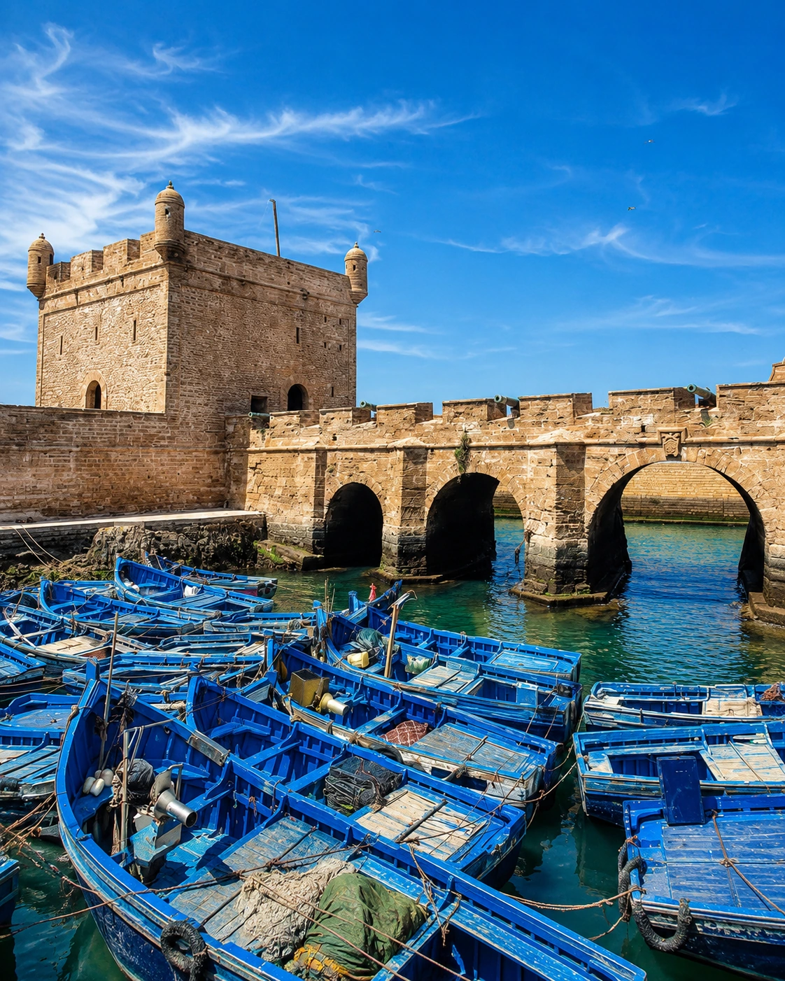 Blue fishing boats and harbour walls in Essaouira
