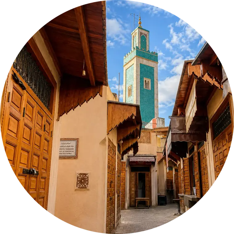 Medina alley and minaret in Meknès