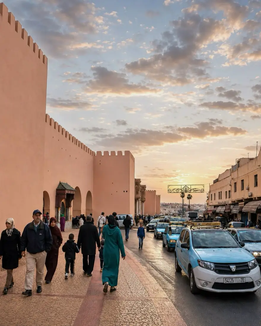 Daily movement beside the imperial walls of Meknès