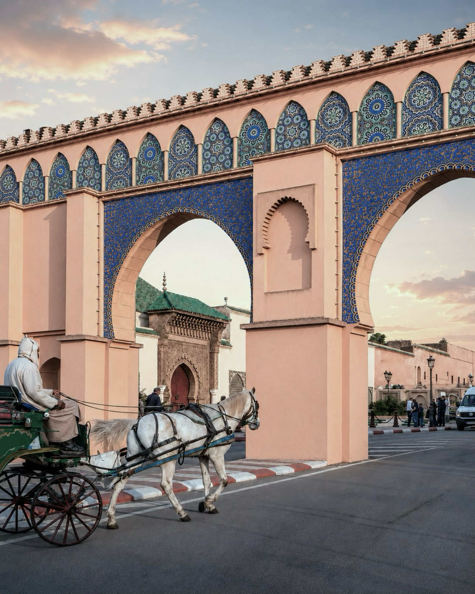 Horse carriage passing Bab Mansour in Meknès