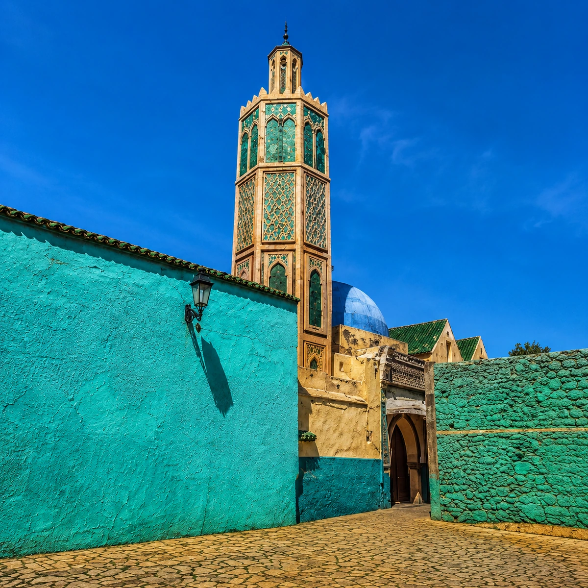 Octagonal minaret and turquoise walls in Ouazzane
