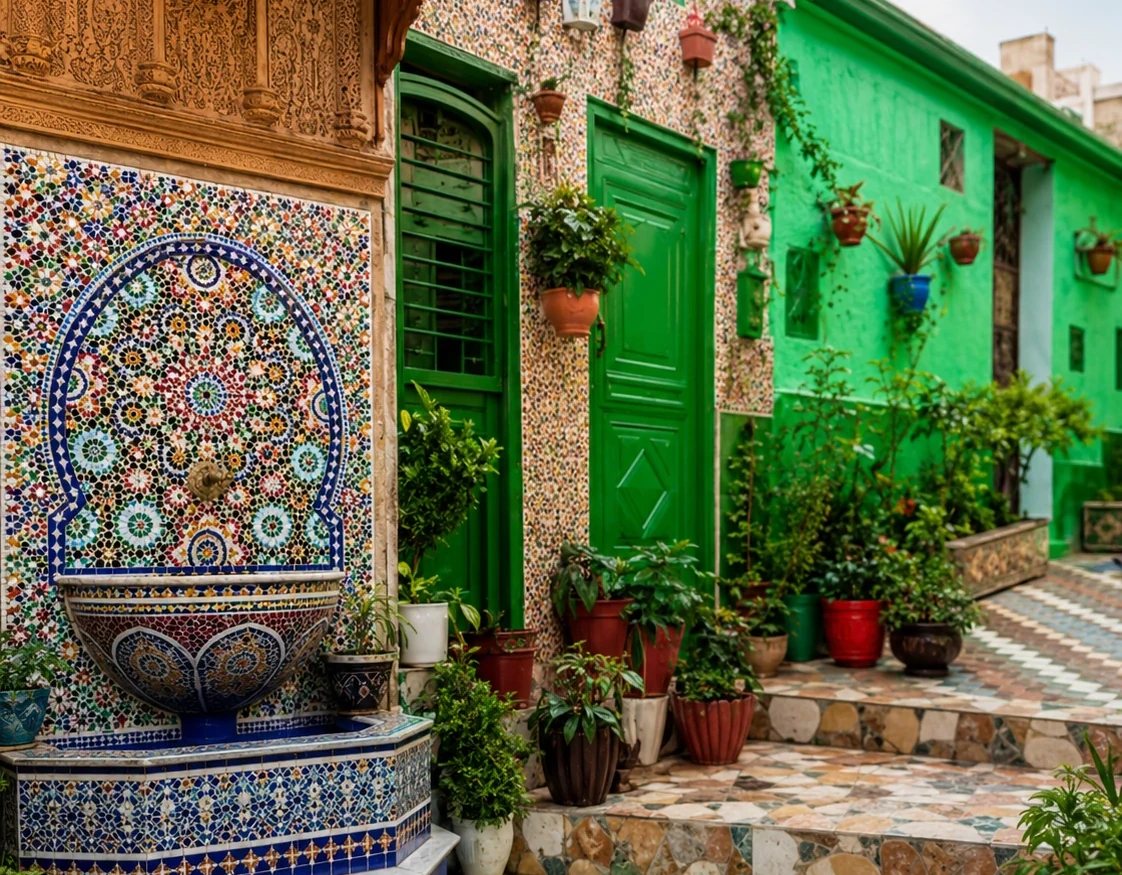 Decorative zellige courtyard and sacred architectural detail in Ouazzane