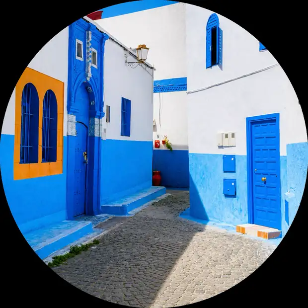 Blue-and-white residential lane in the Kasbah of the Oudaias