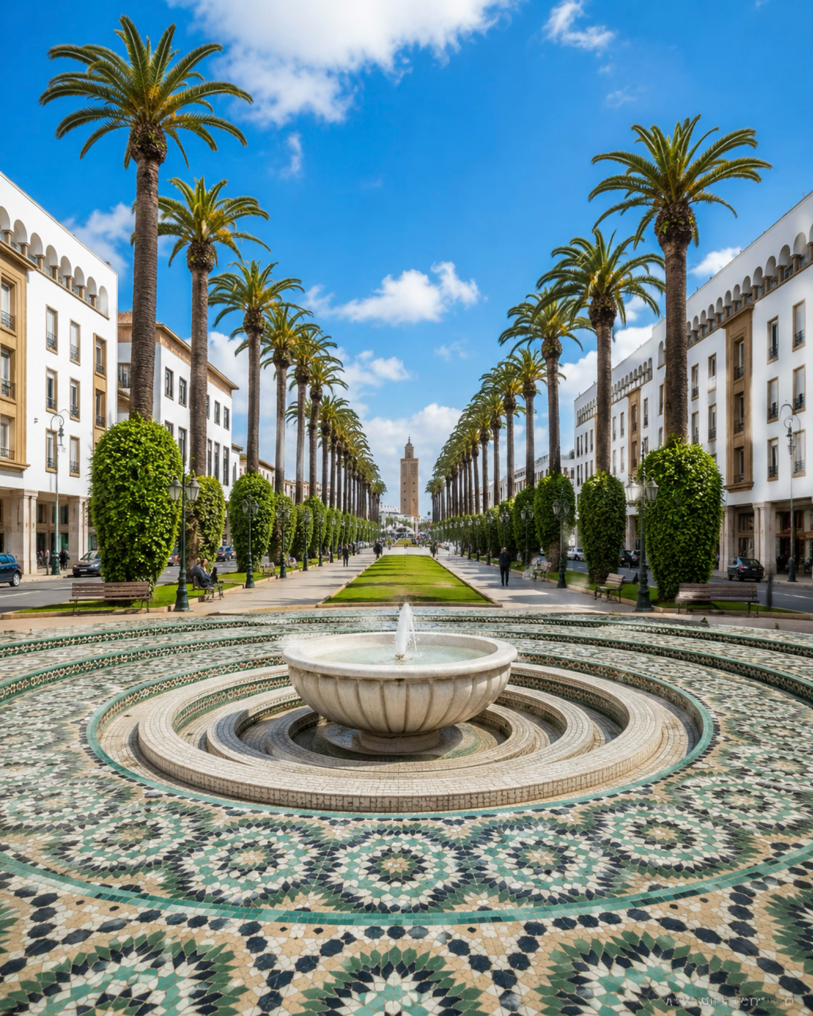 Palm-lined avenue and fountain leading towards Hassan Tower in Rabat