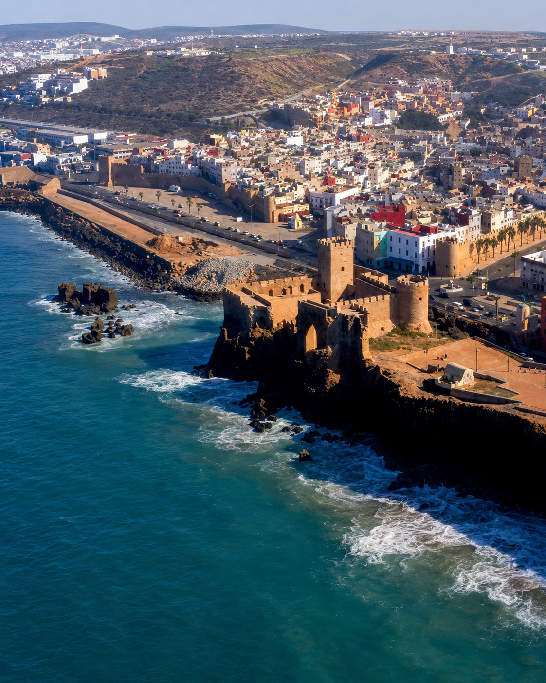 Aerial view of Ksar el-Bahr and the old city of Safi above the Atlantic