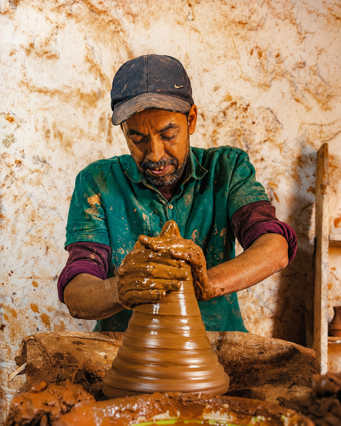 A potter shaping clay in Safi’s pottery quarter