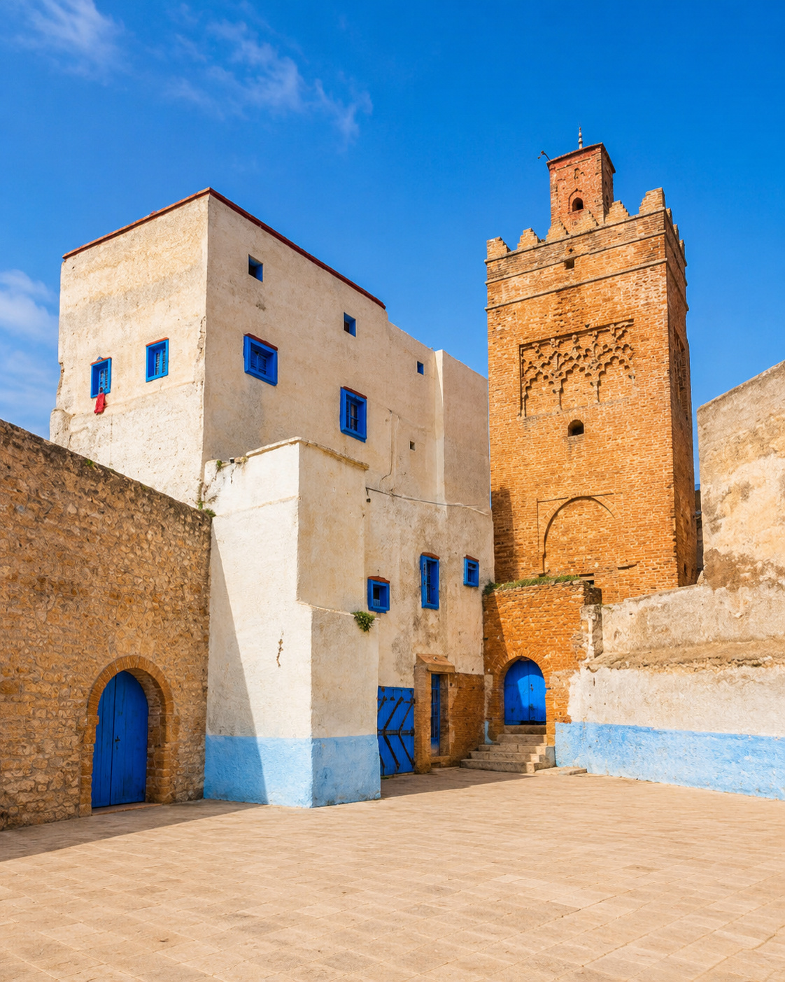 Historic tower and blue-washed walls in the old city of Safi