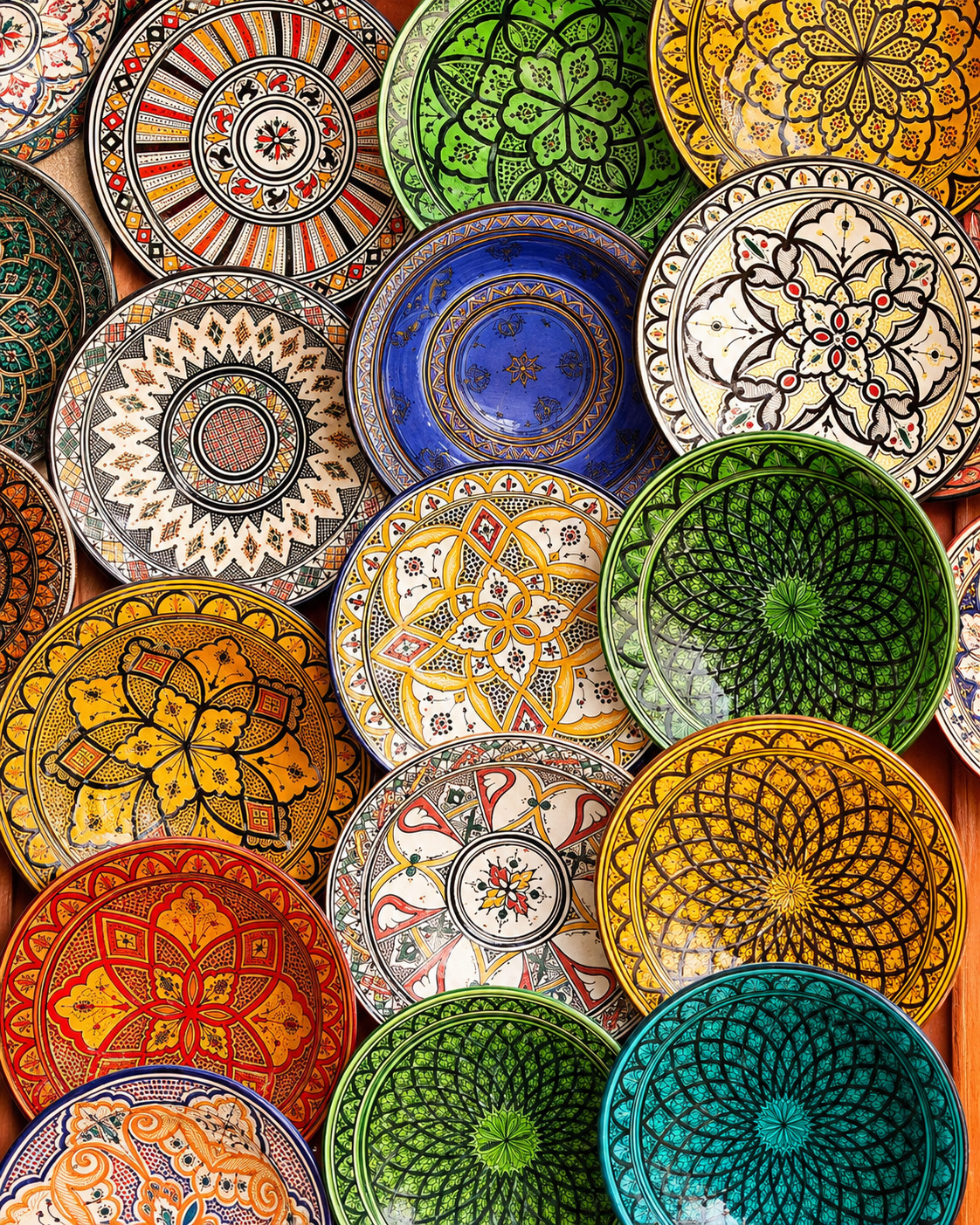 A close-up of colourful ceramic plates in Safi