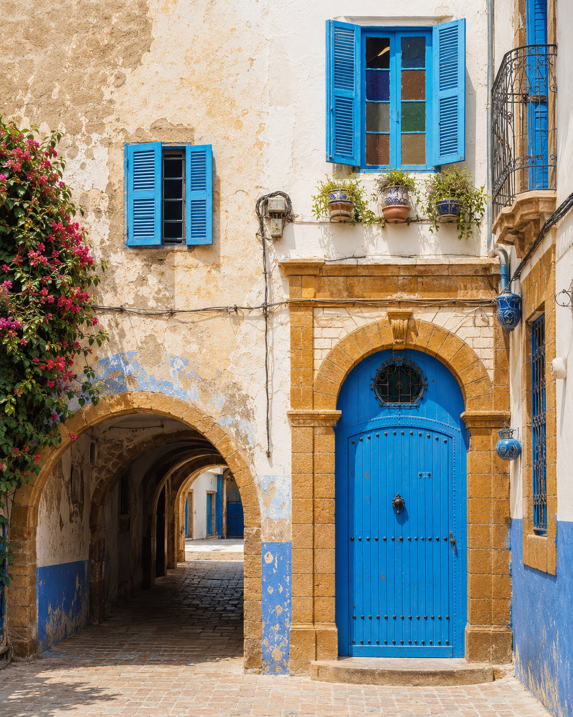 Blue doorway and carved stone detail in Safi
