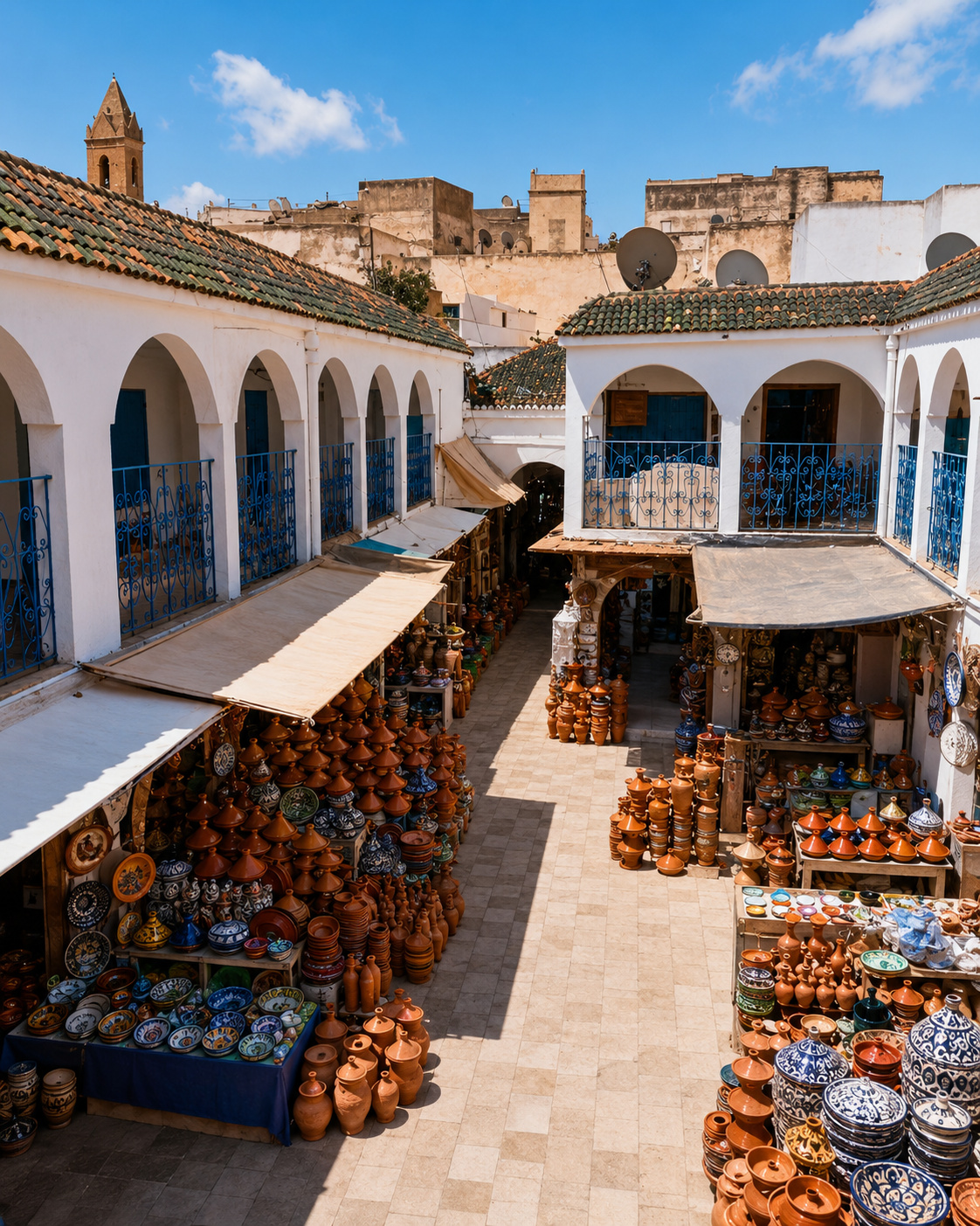 Arcaded pottery courtyard and market stalls in Safi