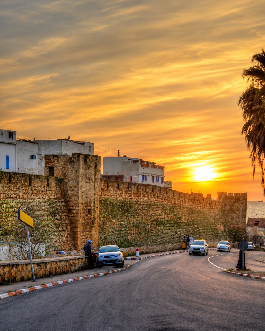 Sunset light along the ramparts and seafront in Safi