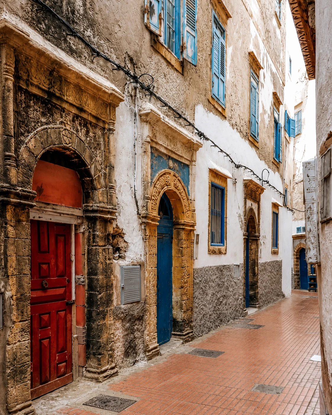 Historic Moroccan medina street with blue doors