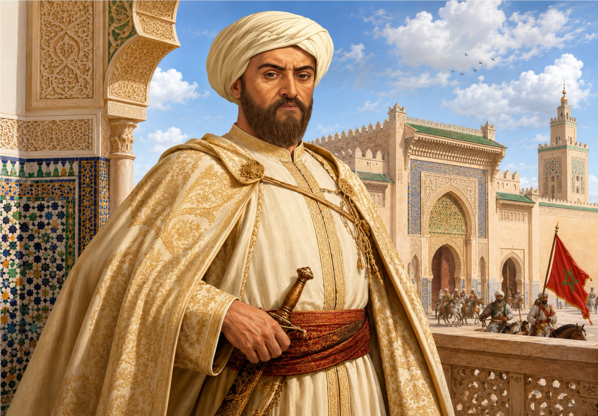 Historical Moroccan ruler portrait before an imperial gate